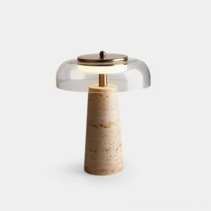 Travertine and glass modern table lamp with mushroom-shaped shade and brass hardware, front view on white background