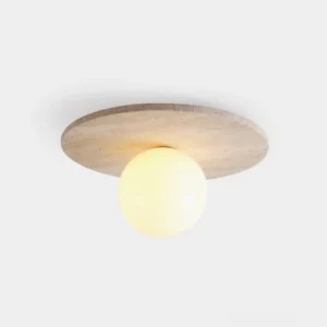 Travertine Globe Ceiling Light - top-down close-up view showcasing natural stone texture and frosted white glass sphere in studio lighting