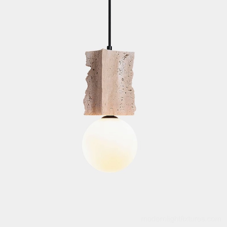 Travertine globe pendant light with irregular stone base and frosted glass sphere, overhead studio view showing sculptural design details