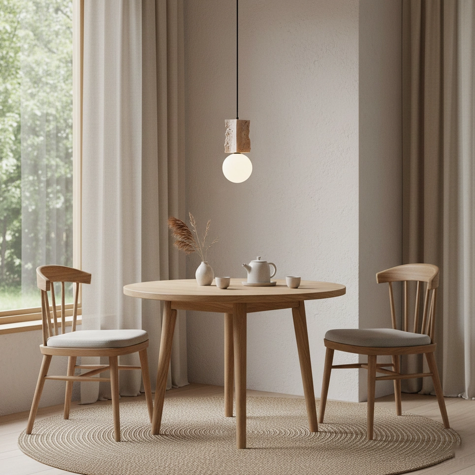 Full view of travertine globe pendant lamp displaying sculptural organic design in contemporary minimalist interior setting