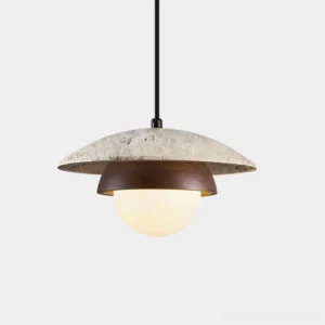 Travertine Halo pendant light with textured stone disc and opal glass globe in warm walnut finish
