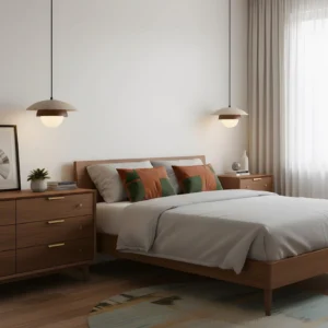 Pair of modern travertine Halo pendant lights illuminating mid-century master bedroom with warm ambient glow