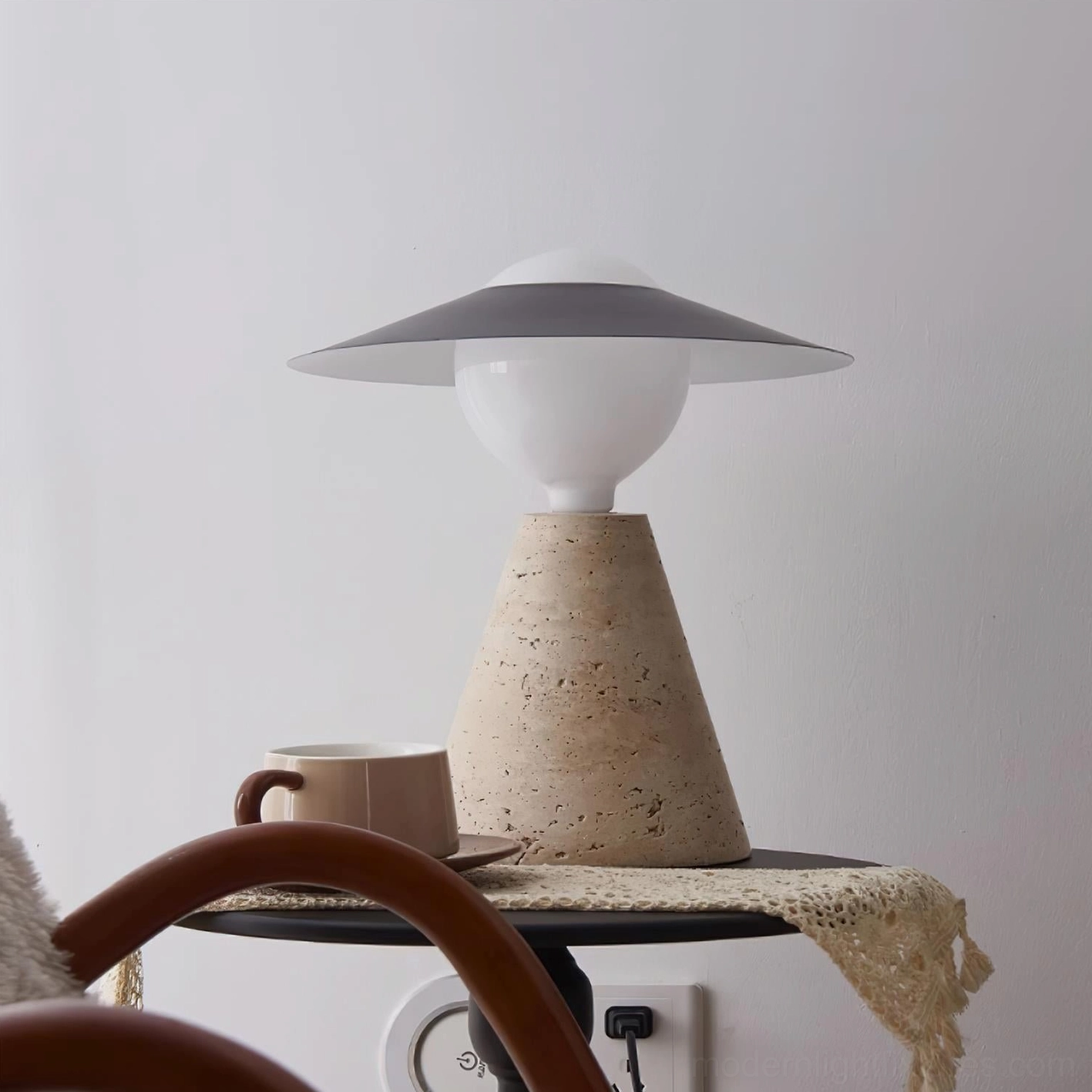 Minimalist travertine table lamp architectural lighting fixture detail