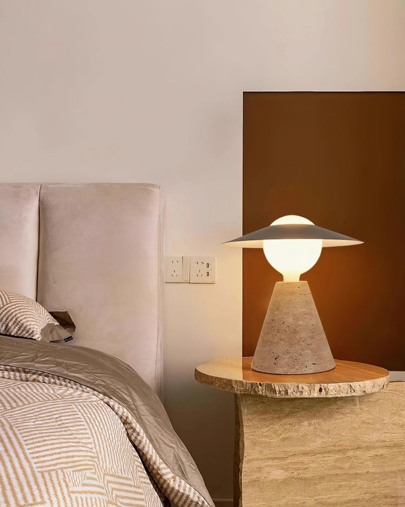 Travertine stone table lamp base texture showing natural characteristics