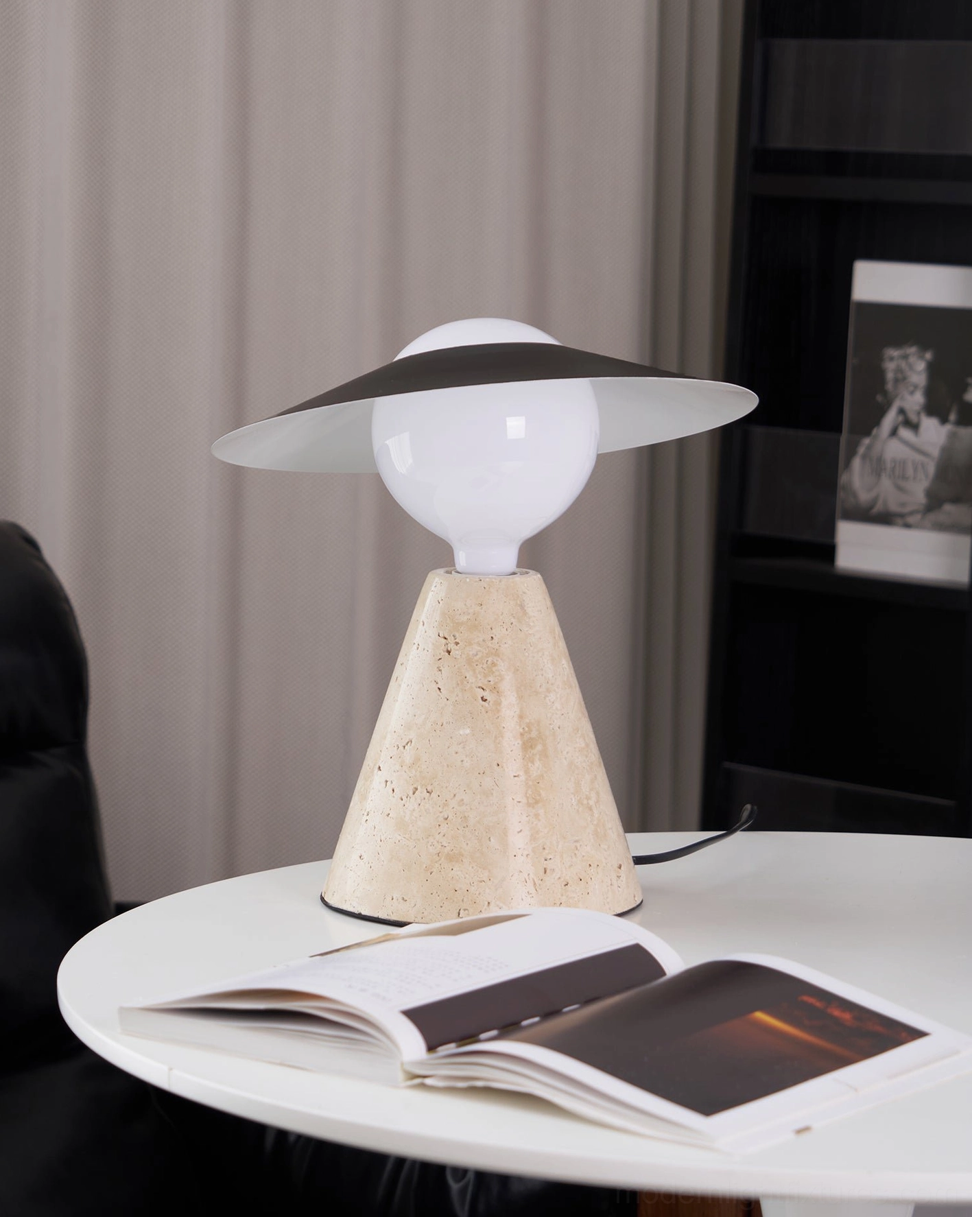 Contemporary travertine table lamp assembly and construction overview