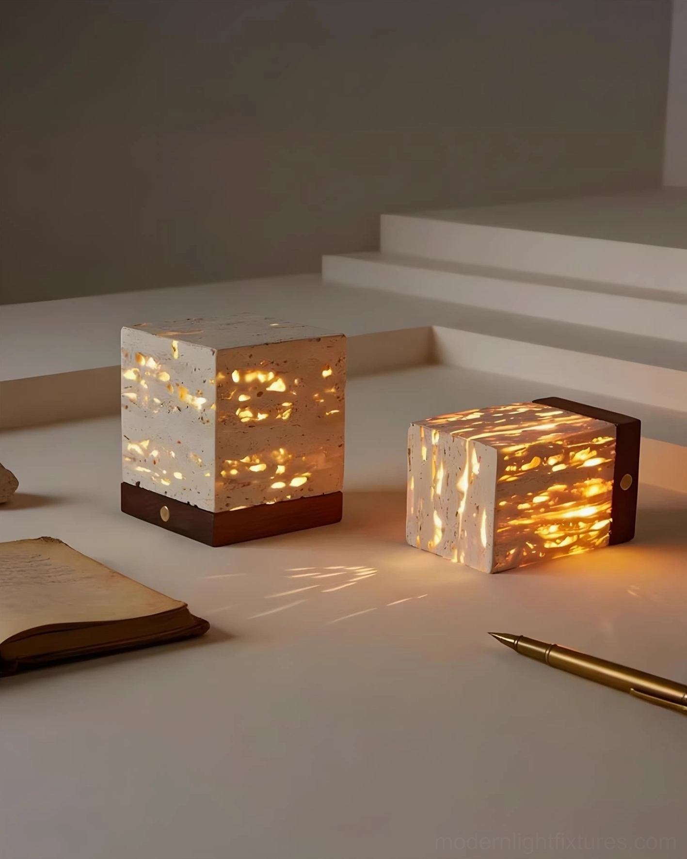 Travertine table lamp flat lay top view desk styling warm ambient lighting office decor