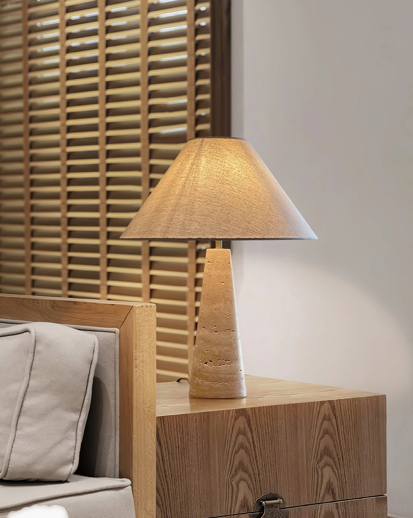 Travertine table lamp with E26 socket compatibility and 59-inch cord for North American and international electrical standards