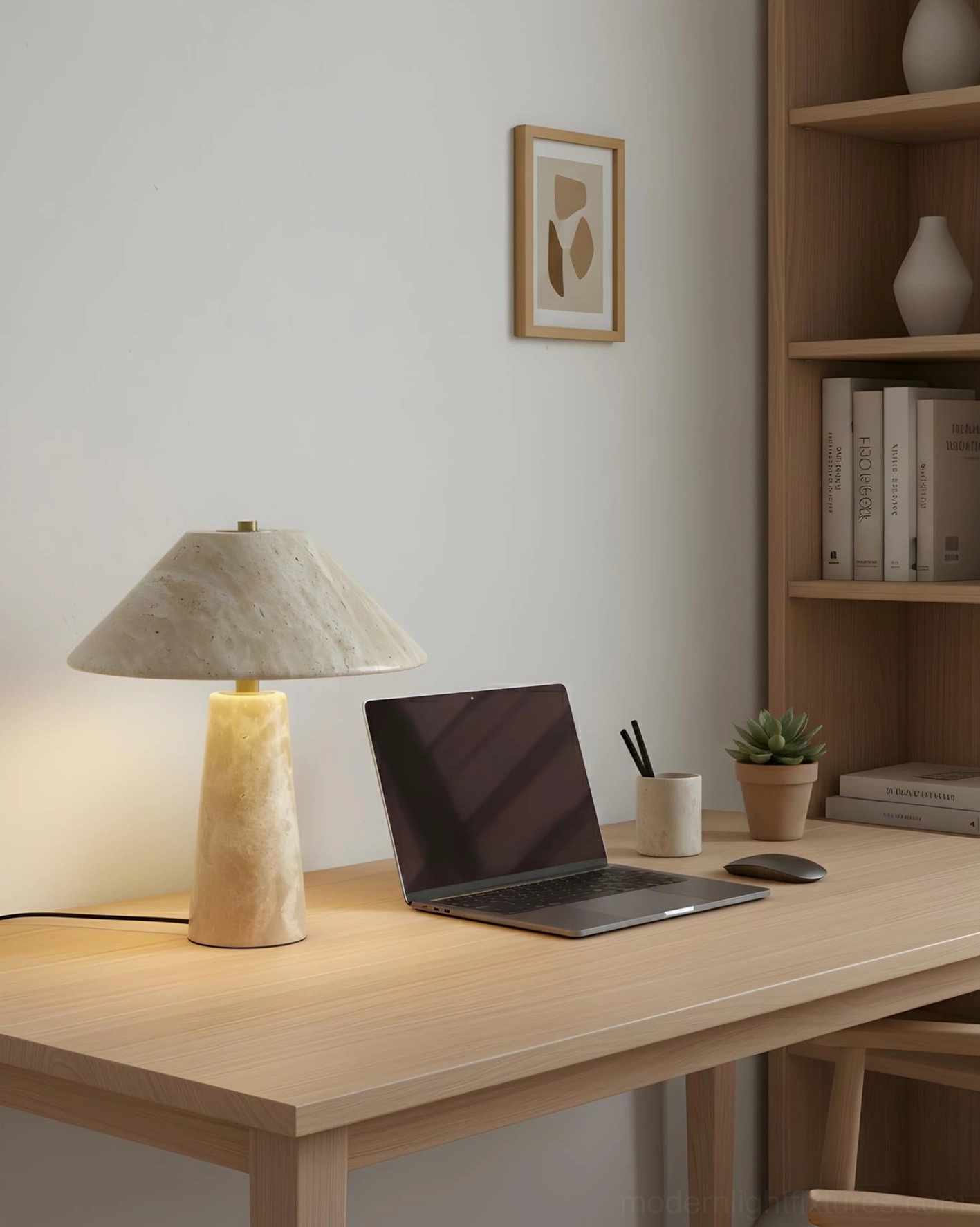 Stone desk lamp on oak wooden office desk with laptop and desk accessories in modern home office workspace