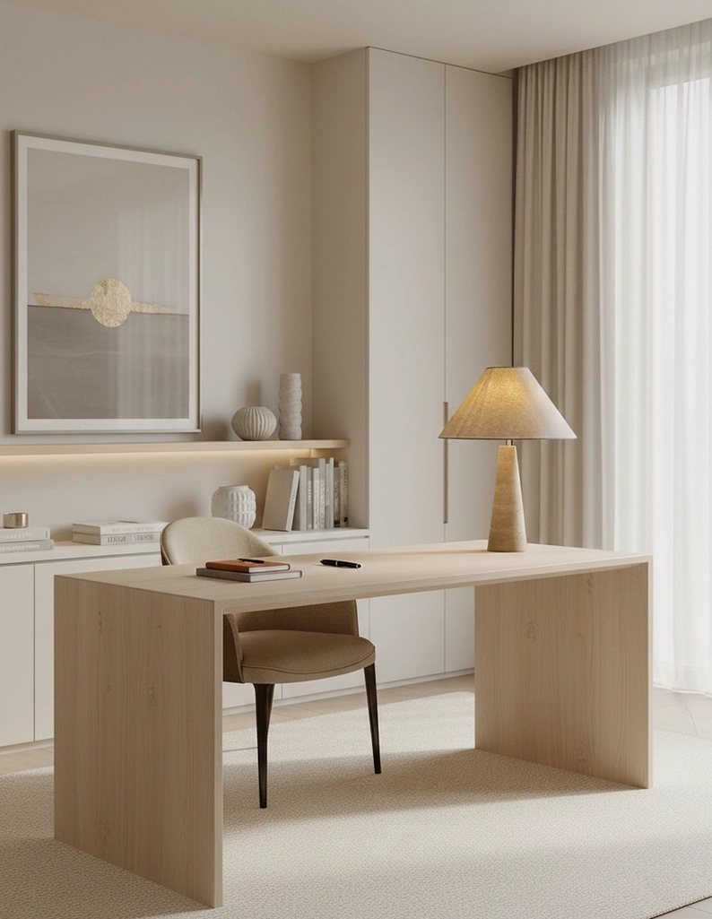 Travertine stone table lamp positioned on light wood desk in minimalist home office workspace with neutral aesthetic