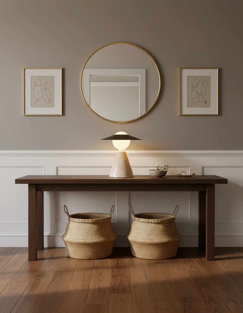 Contemporary travertine table lamp in home office workspace setting