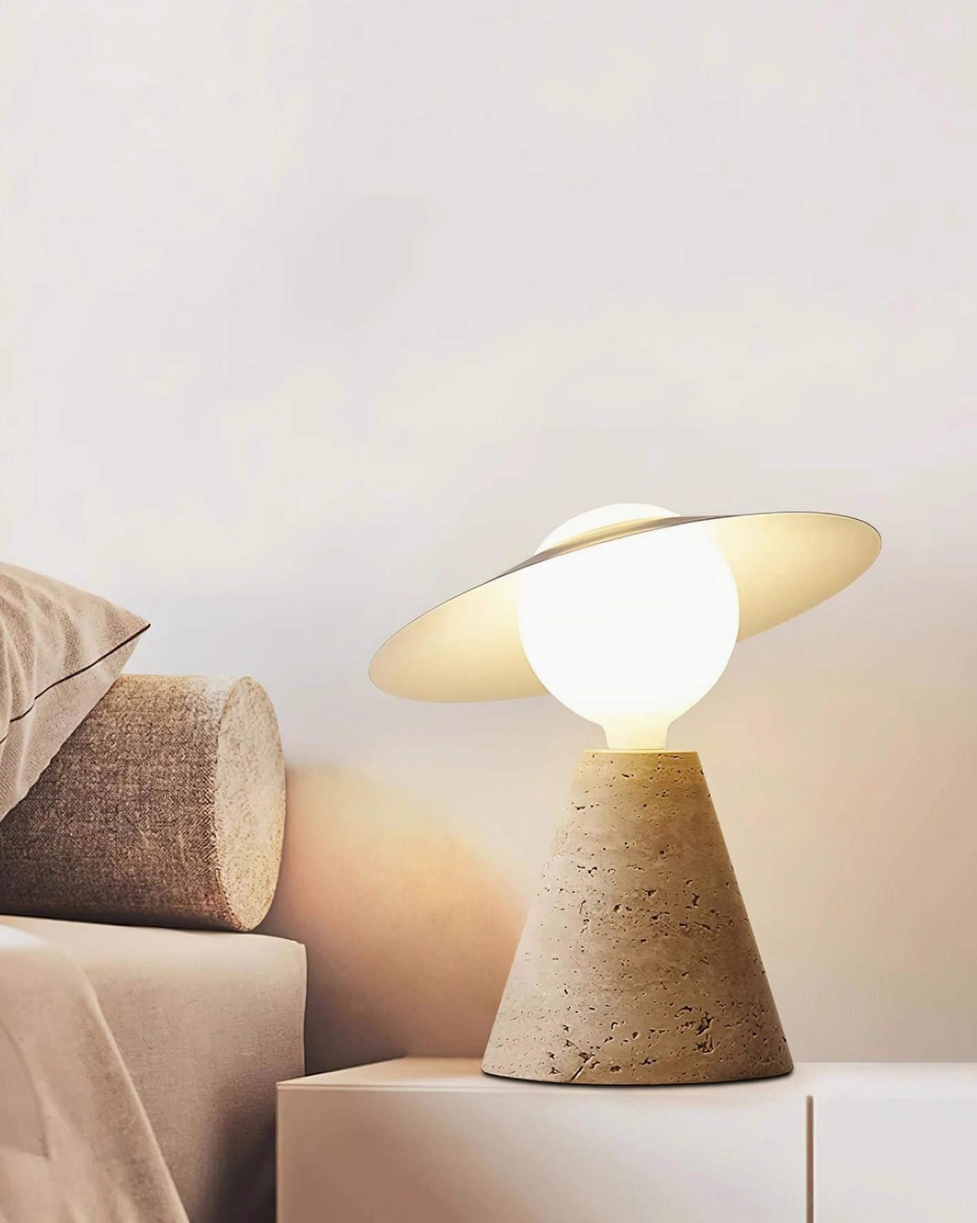 Contemporary travertine table lamp Japandi design style aesthetic