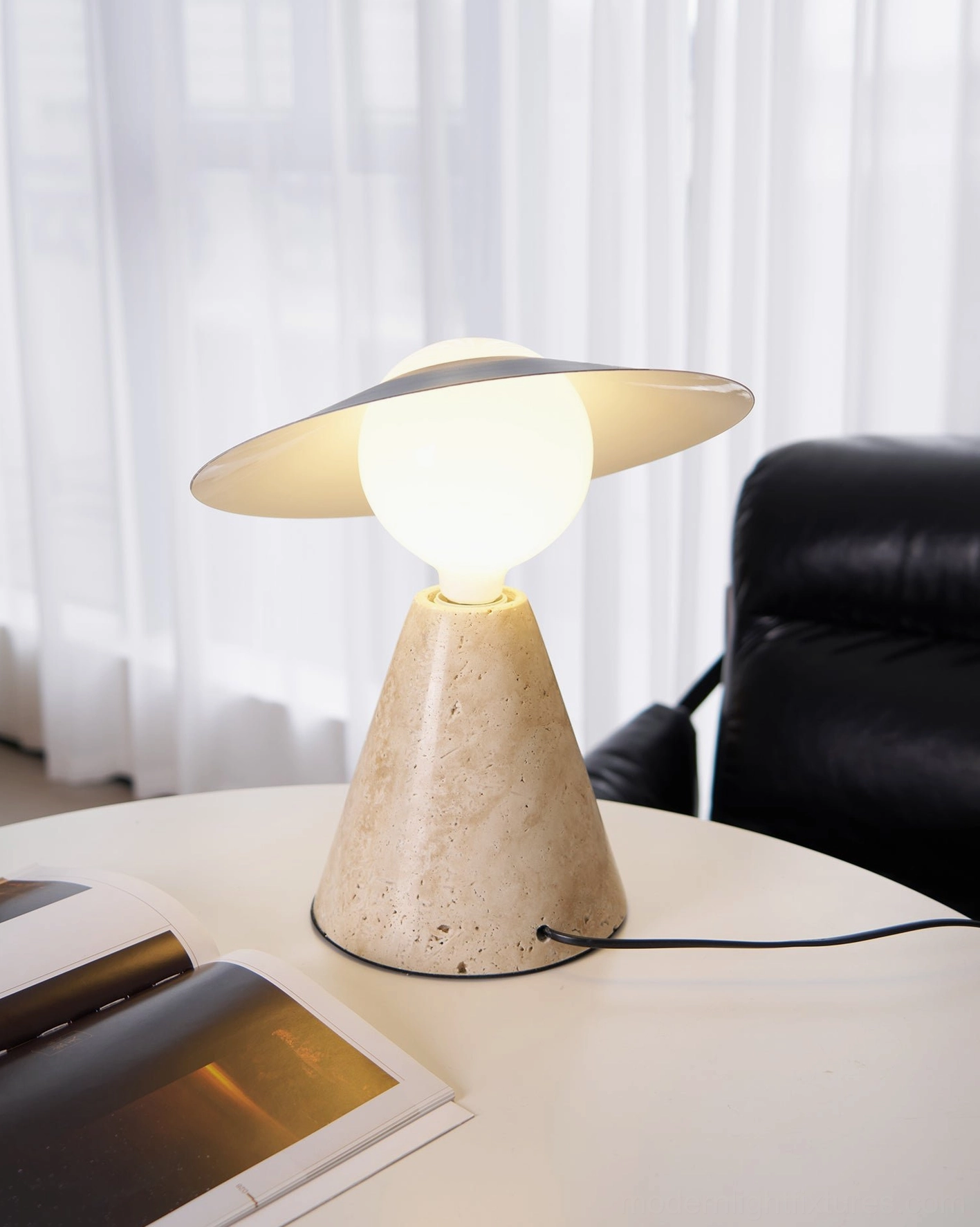 Modern travertine table lamp LED bulb compatibility demonstration