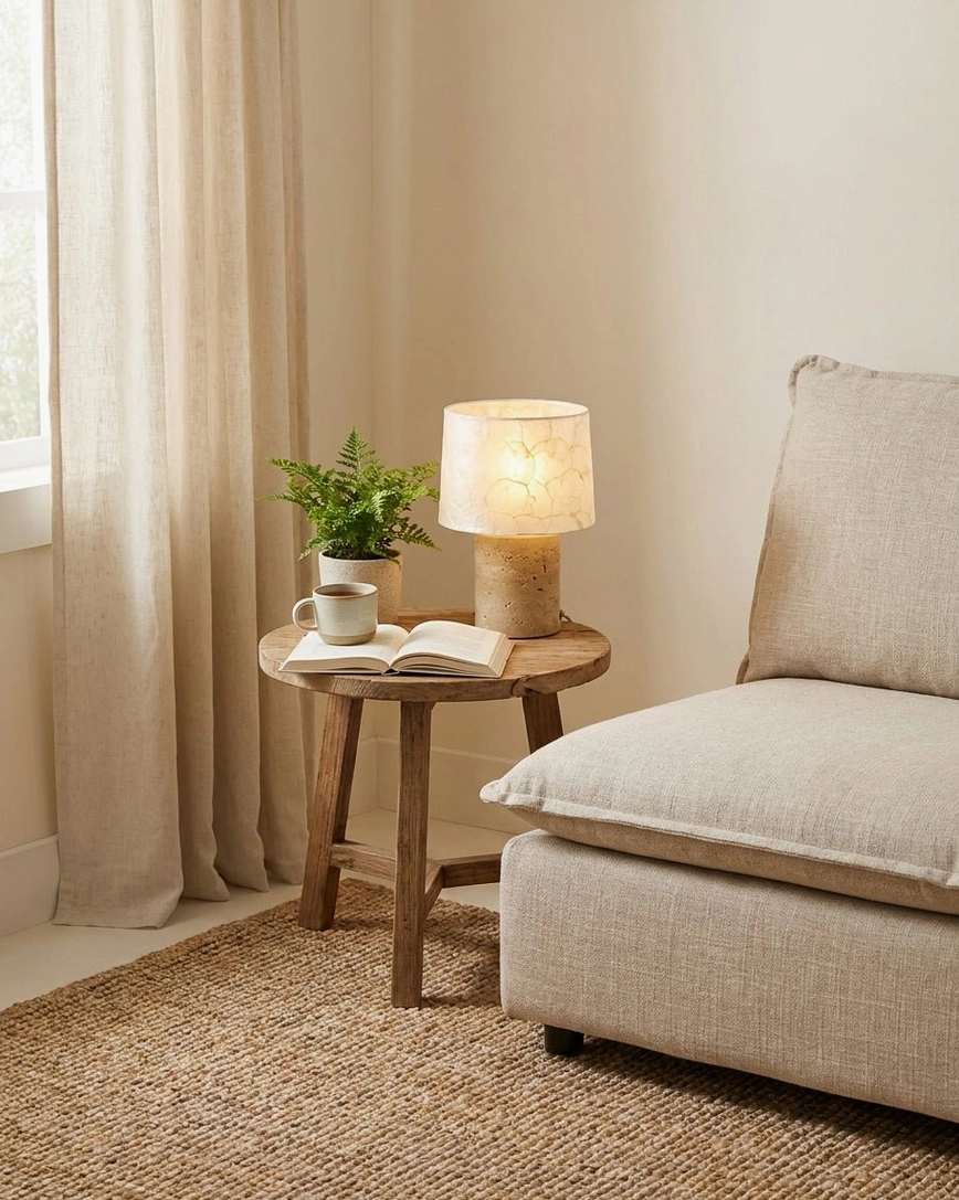 Travertine stone lamp accent lighting in cozy corner lounge with potted plant