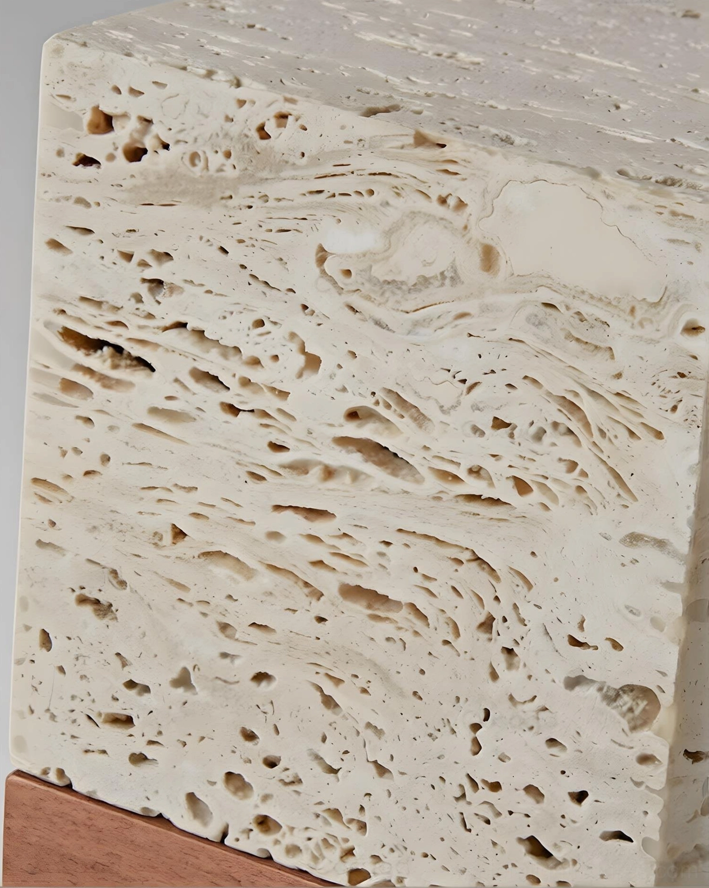 Travertine stone lamp macro close-up natural porous texture detail wood base
