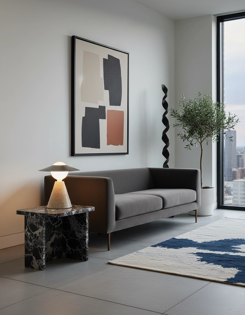 Travertine stone table lamp on marble surface in modern living room