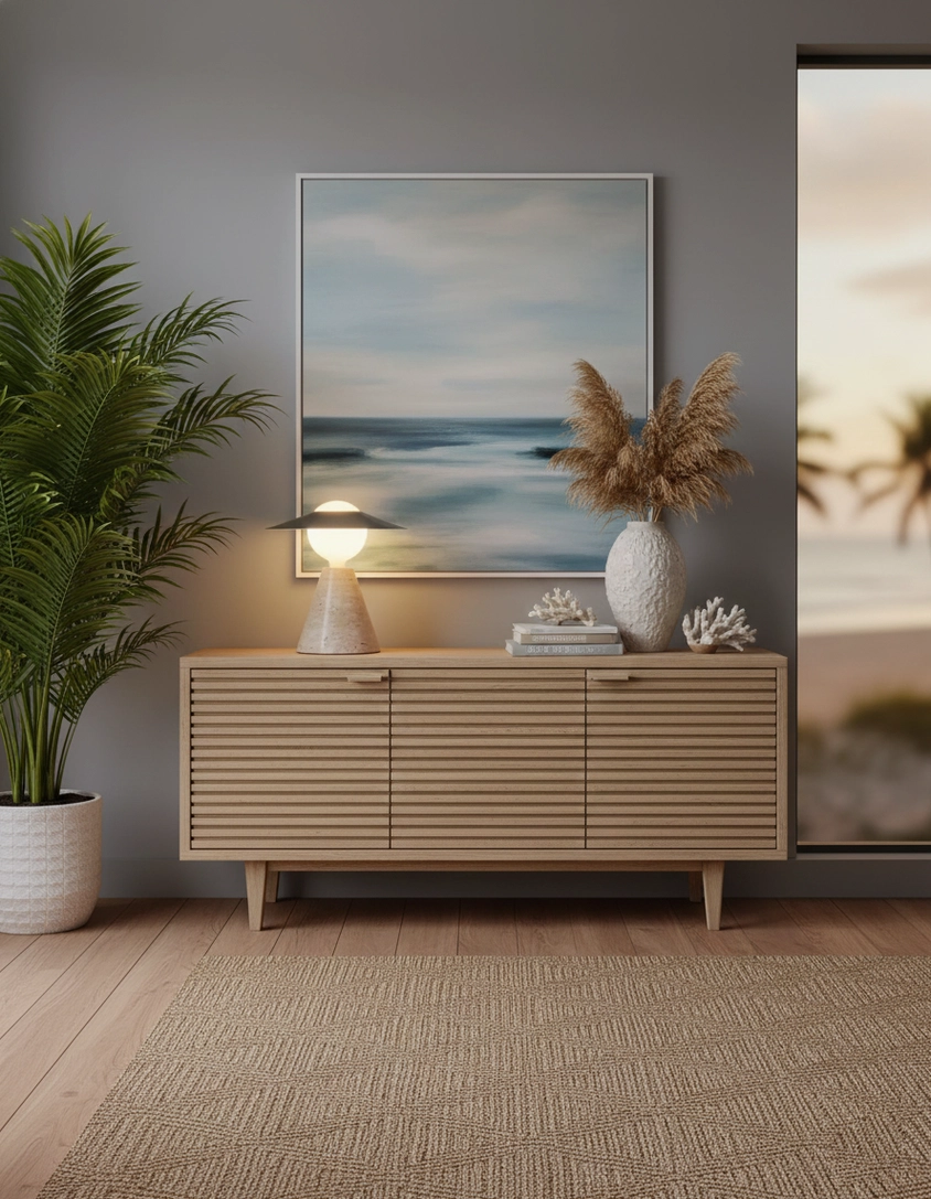 Travertine modern table lamp showing metal shade construction details