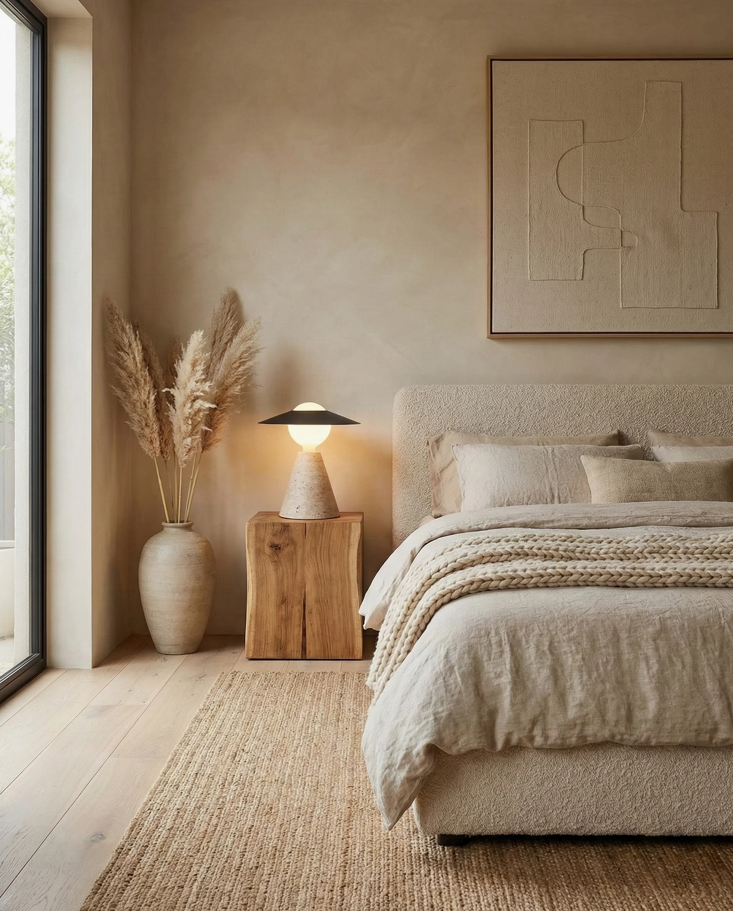 Minimalist travertine table lamp on wooden stump with pampas grass decor