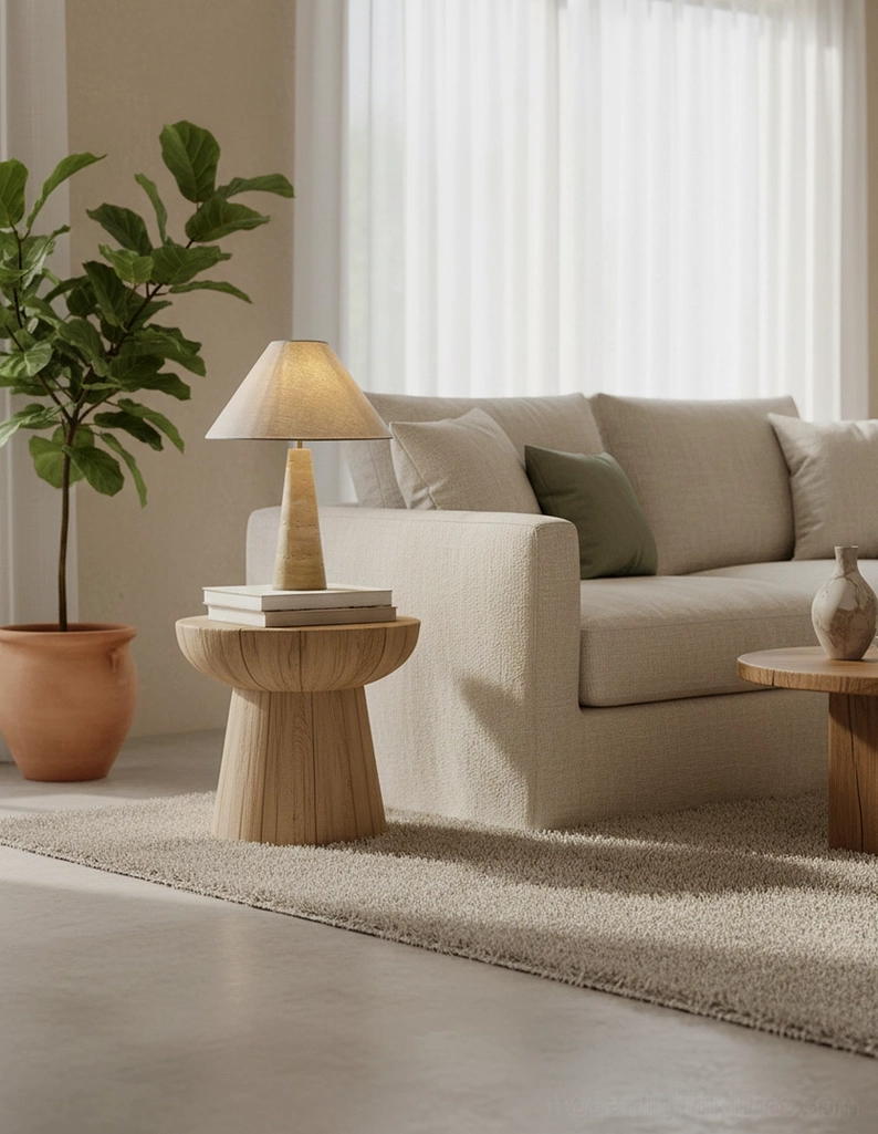 Natural travertine stone table lamp on round wooden side table with green potted plant in warm modern living room interior