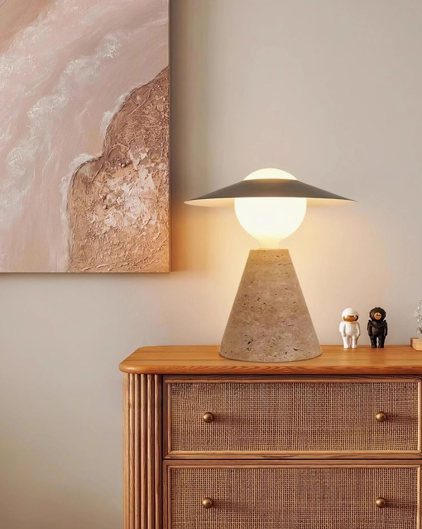 Travertine table lamp contemporary design in neutral bedroom environment