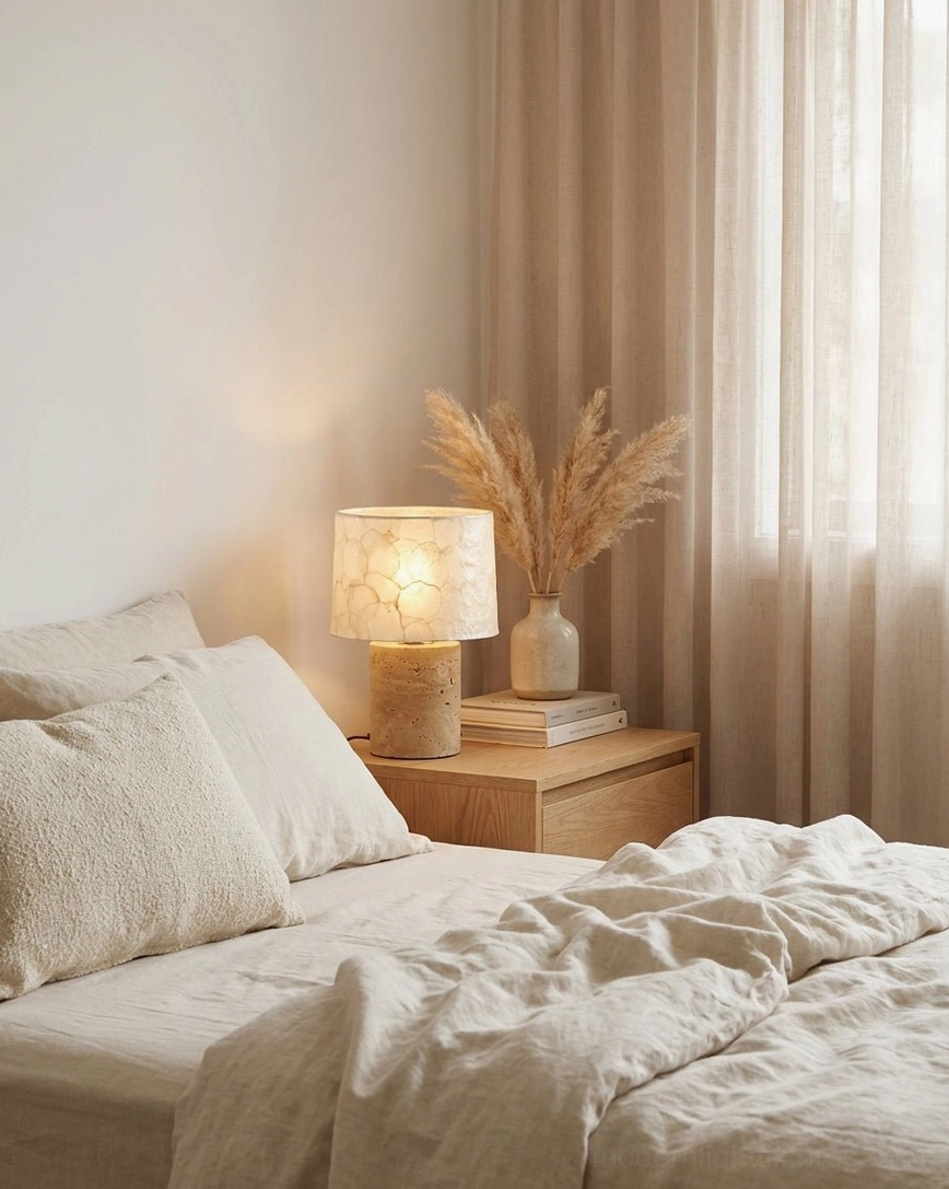 Modern organic table lamp on nightstand with natural linen bedding styling