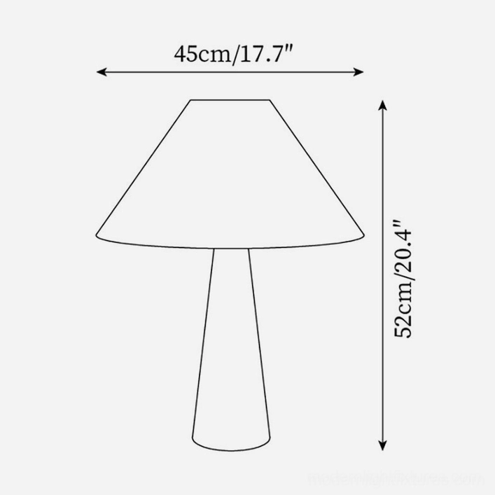 Technical schematic drawing of Lulu travertine table lamp showing dimensions 52cm height and 45cm base diameter measurements