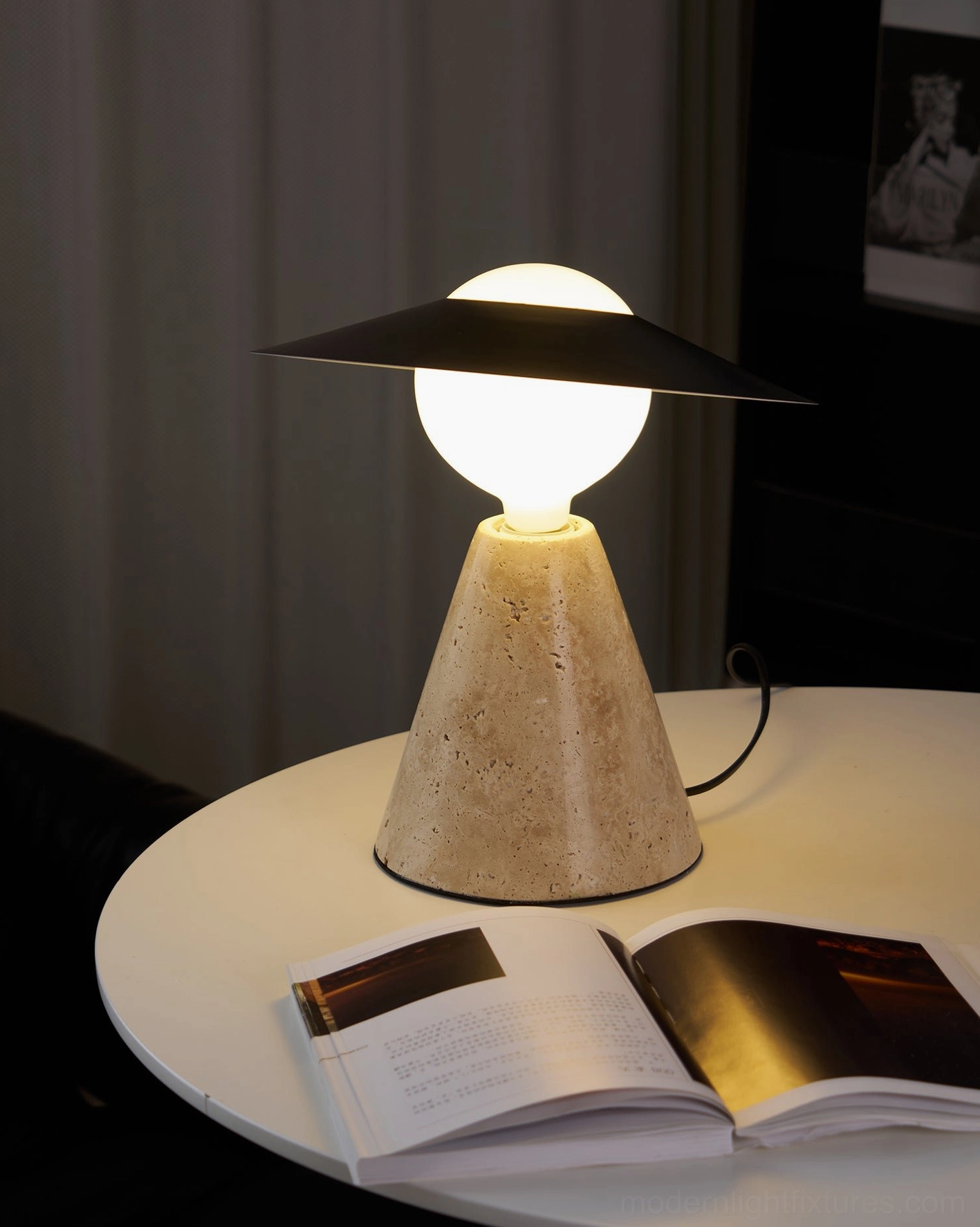 Industrial travertine table lamp versatile room application display