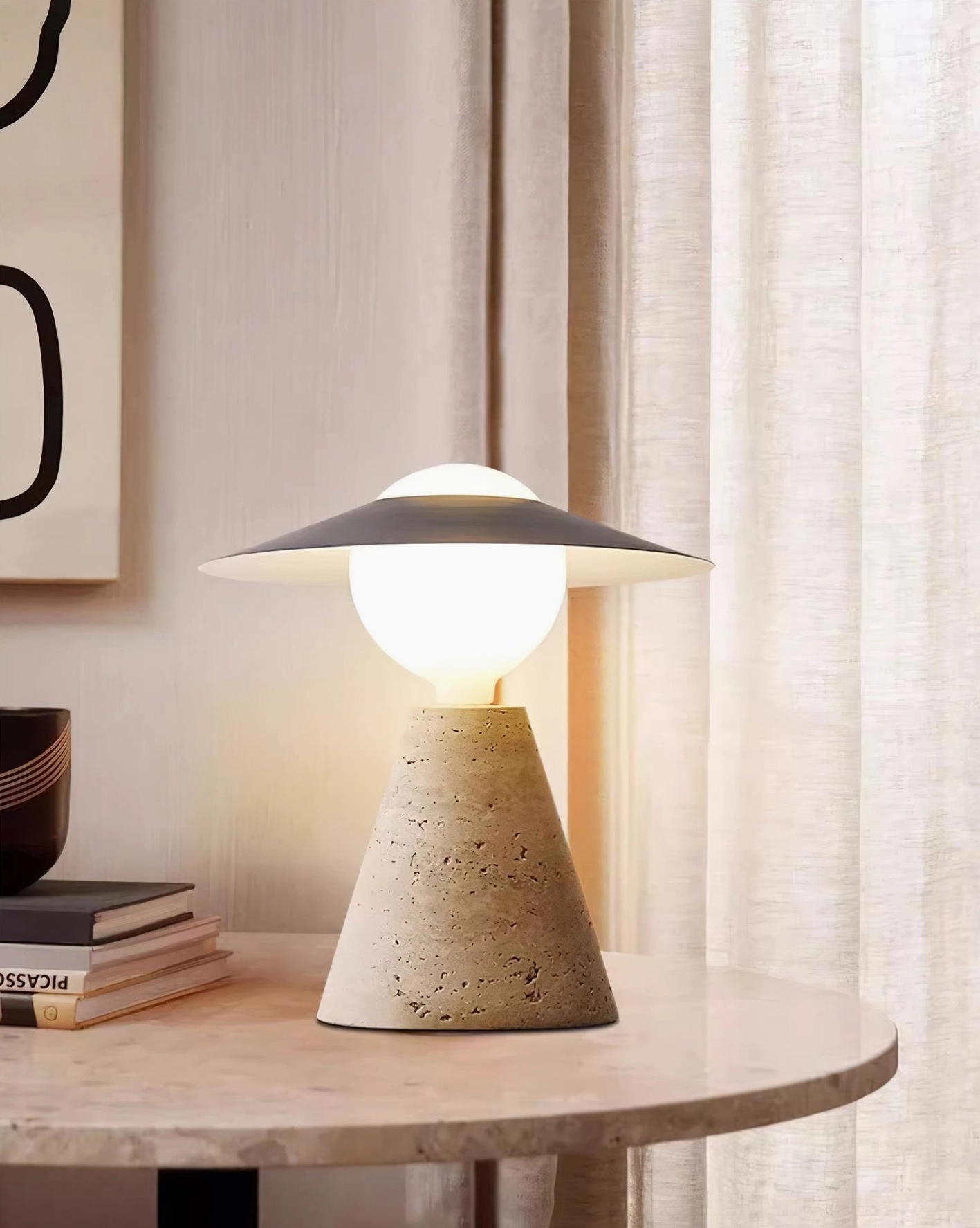 Travertine table lamp with warm illumination in interior setting