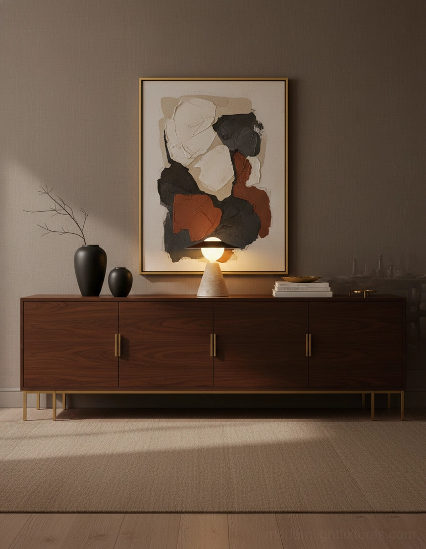Contemporary travertine table lamp displayed on dark wooden sideboard