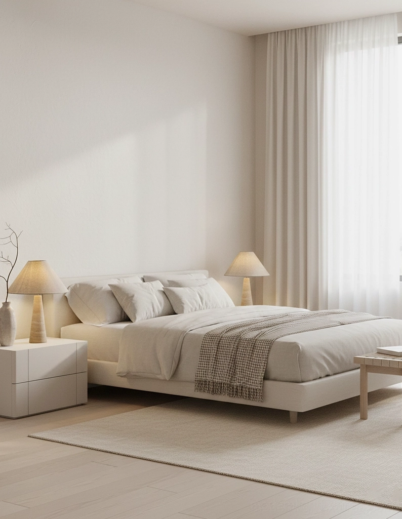 Pair of travertine table lamps casting warm light on white nightstands in minimalist bedroom with textured bedding