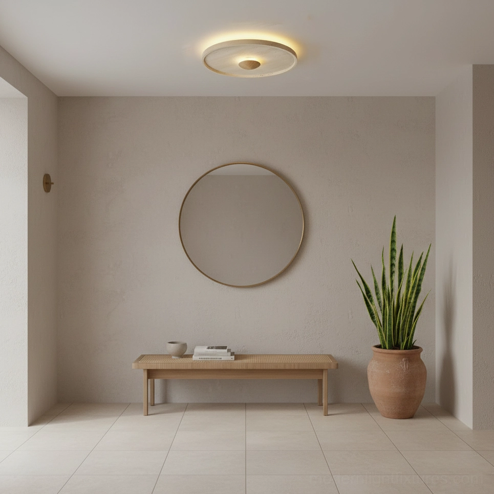 Modern travertine ceiling lamp in minimalist entryway with round mirror and natural wood