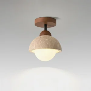 Travertine stone ceiling lamp three quarter angle showing textured surface and frosted diffuser