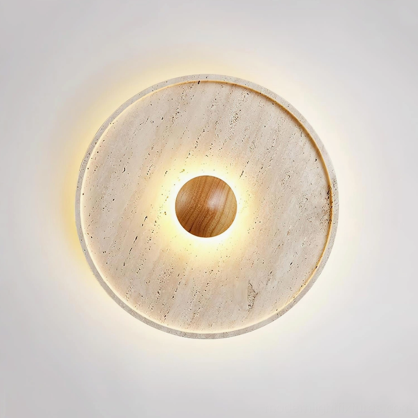 Travertine ceiling light fixture detail showing natural stone texture and wooden accent