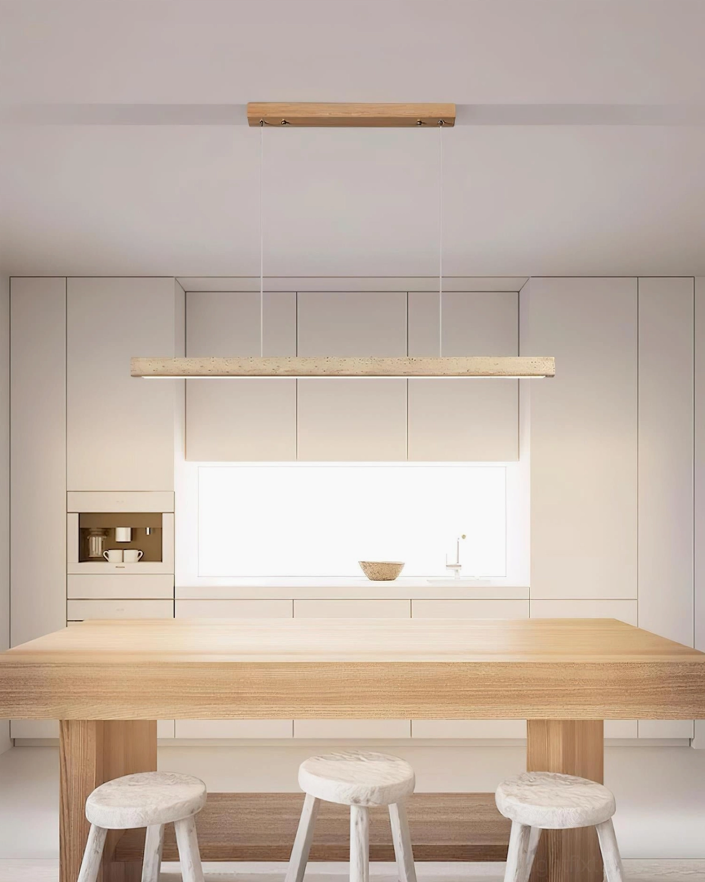 Linear travertine pendant light Scandinavian Nordic design dining space