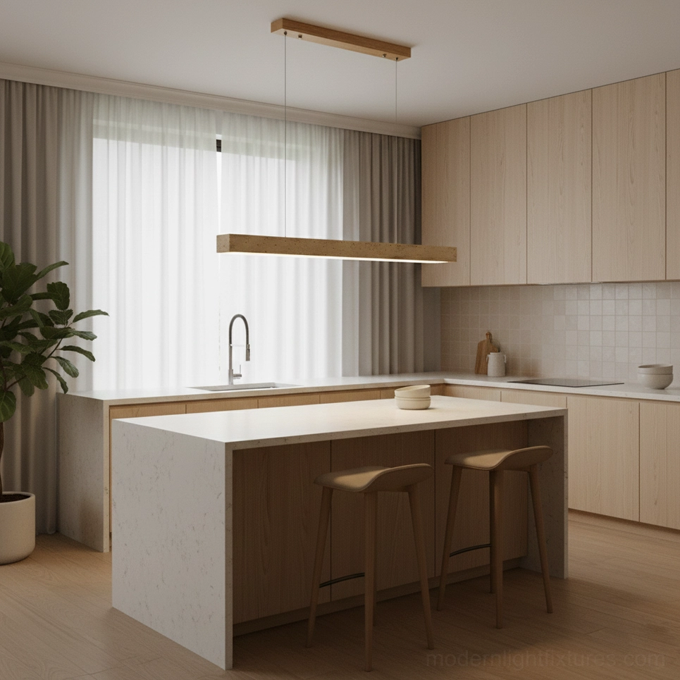 Linear travertine pendant light warm white LED glow interior ambiance