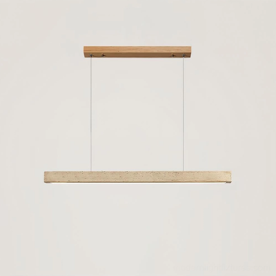 Linear travertine stone pendant light natural wood color finish detail