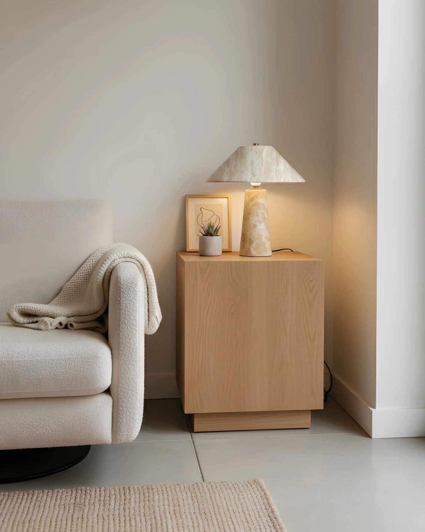 Minimalist travertine corner lamp on wooden storage cabinet beside beige sofa with throw blanket in living room