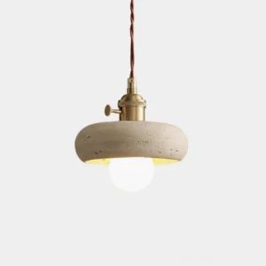 Travertine loop pendant light flat view with sculptural stone shade and brass hardware
