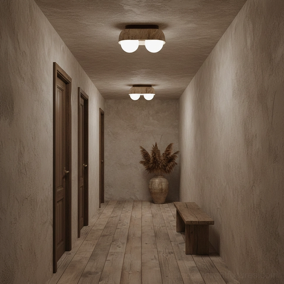 Travertine ceiling lights mounted in concrete hallway with textured walls and warm atmospheric lighting