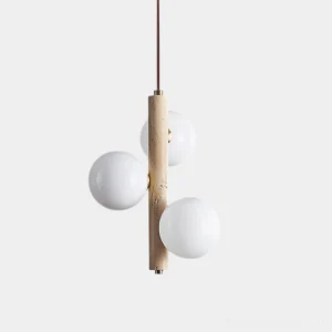 3-sphere travertine and frosted glass orbital pendant light, front close-up view with minimalist Nordic design aesthetic
