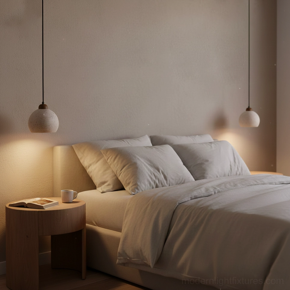 travertine stone pendant warm glow ambient lighting modern minimalist room