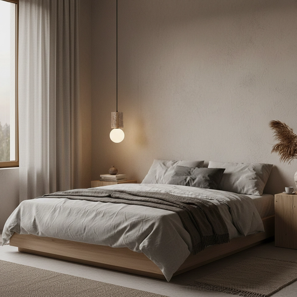 Travertine pendant lamp above master bedroom nightstand providing calming neutral-tone bedroom illumination in contemporary home