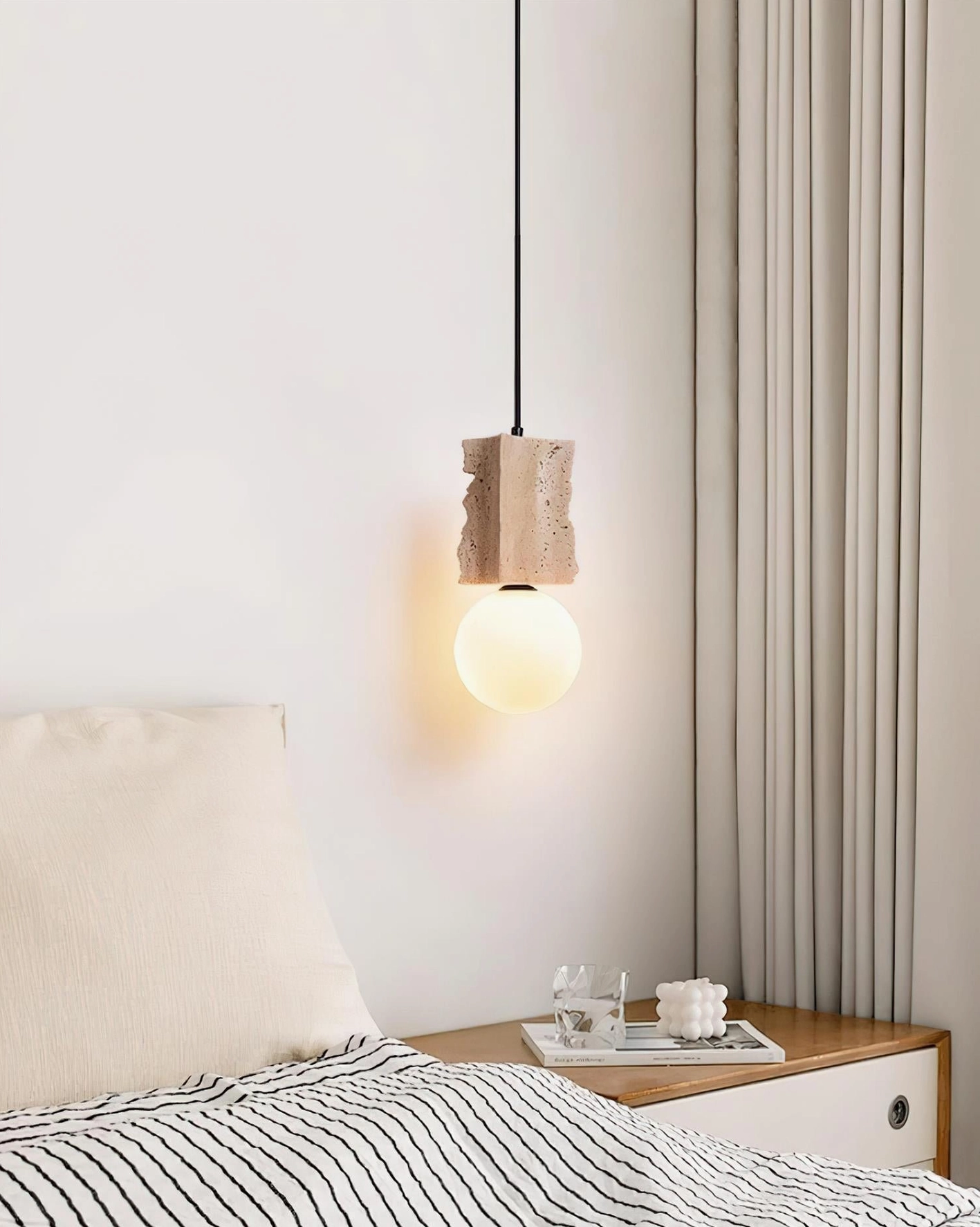 Travertine organic modern pendant lamp showcasing beige and white color variations available in natural stone material