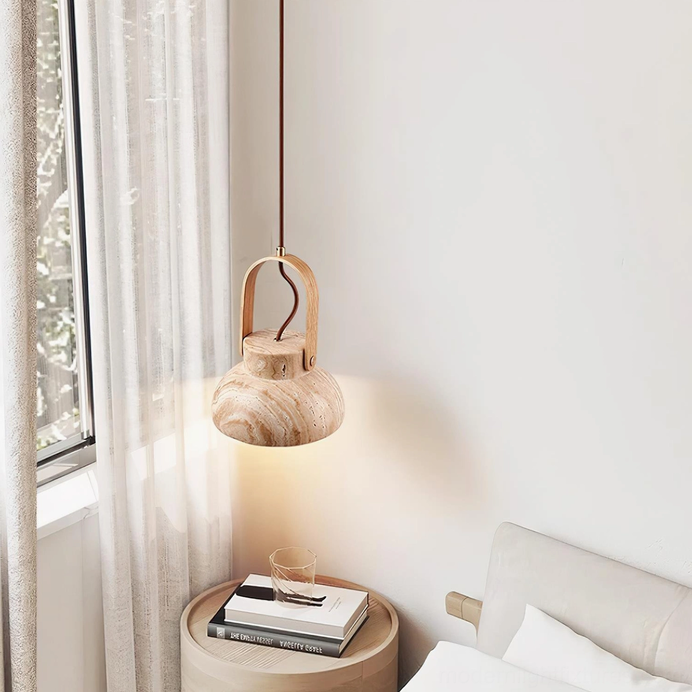 Biophilic design interior featuring Nissa pendant light with natural stone and organic materials