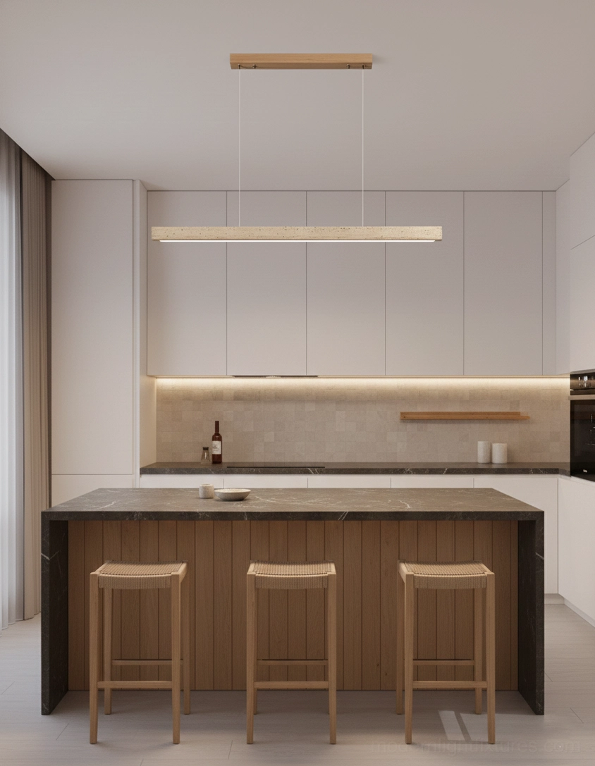 Travertine linear pendant chandelier suspended ceiling installation view