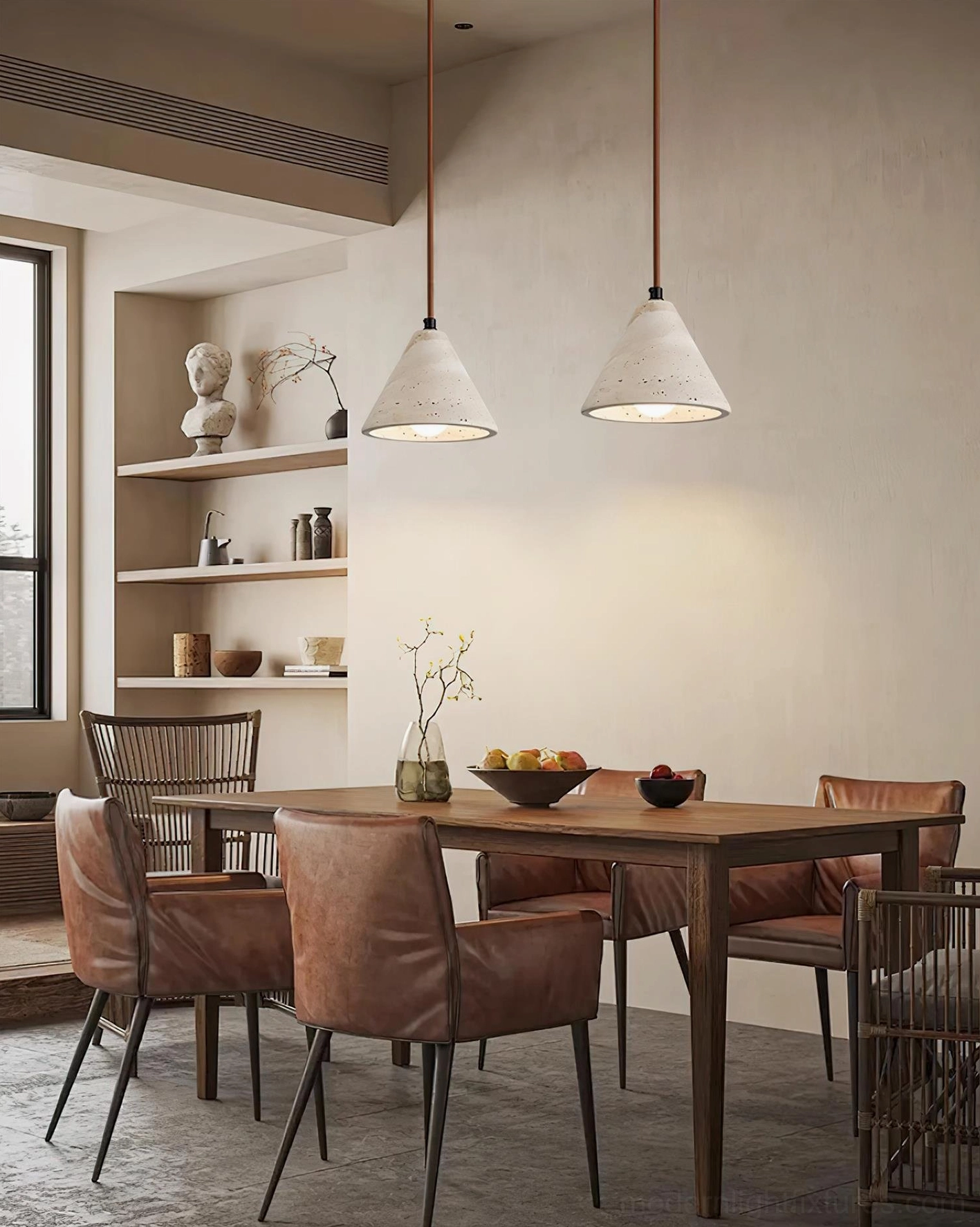 Contemporary travertine pendant fixture with warm wood mounting bracket and earthy natural stone finish