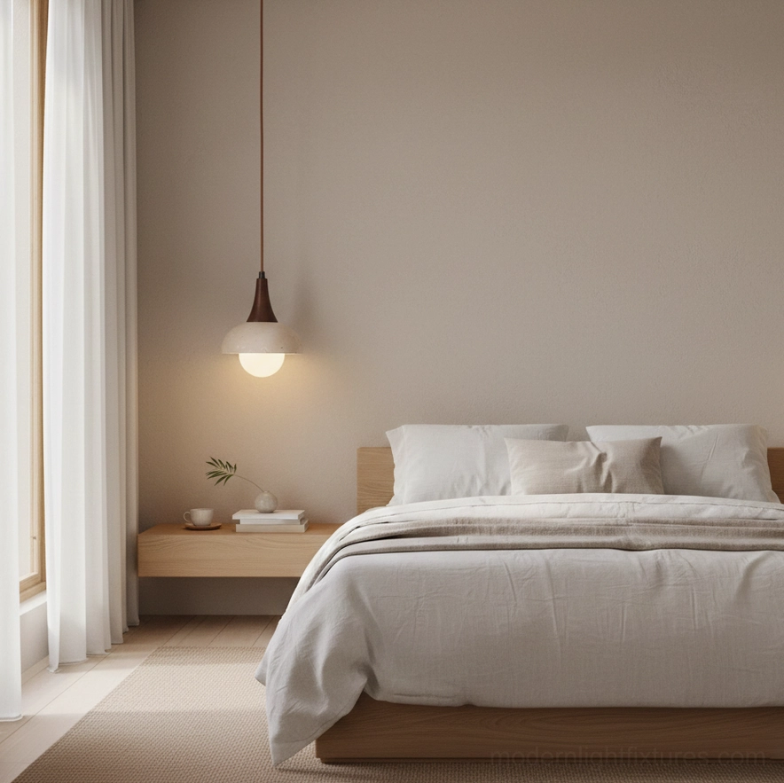 Warm ambient lighting from travertine pendant fixtures creating cozy evening atmosphere residential interior