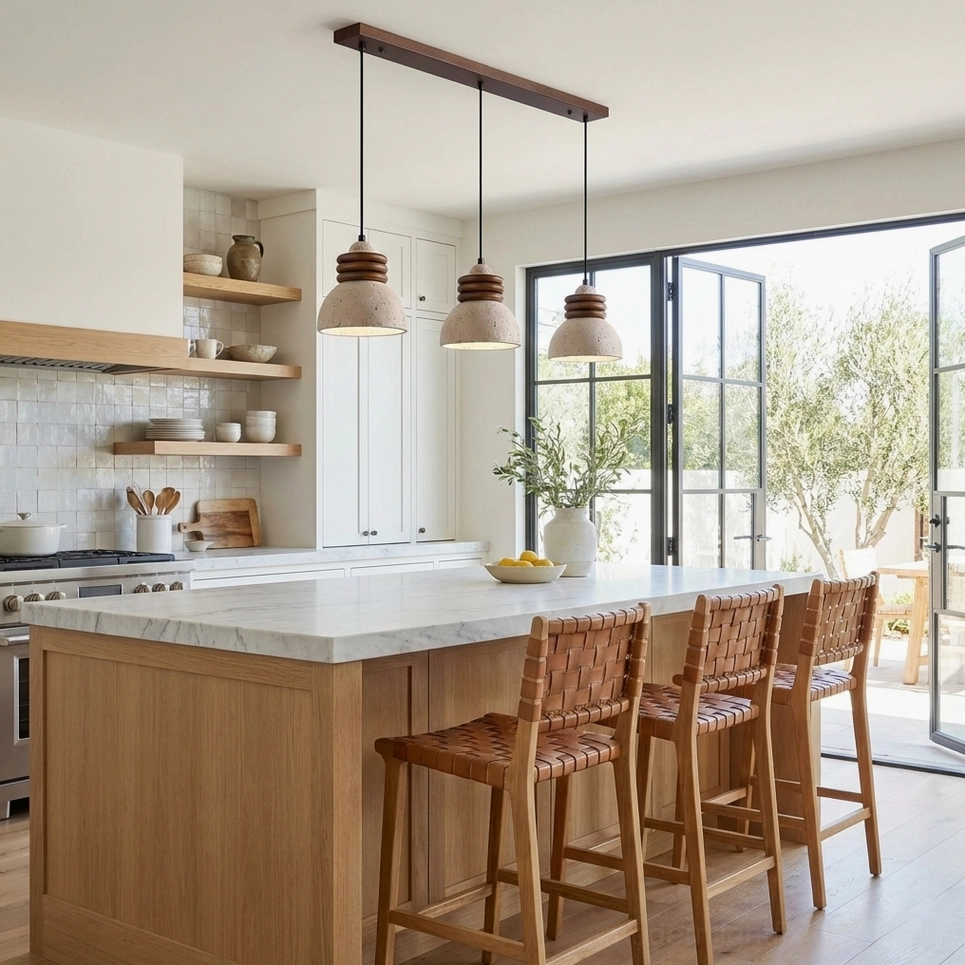 Modern kitchen with three travertine pendant lamps hanging over marble island counter in bright neutral contemporary interior