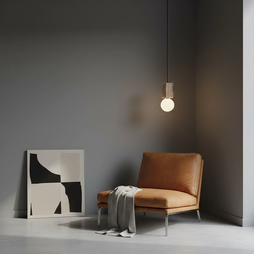 Travertine pendant light fixture showing frosted glass globe sphere construction and hardwired connection details
