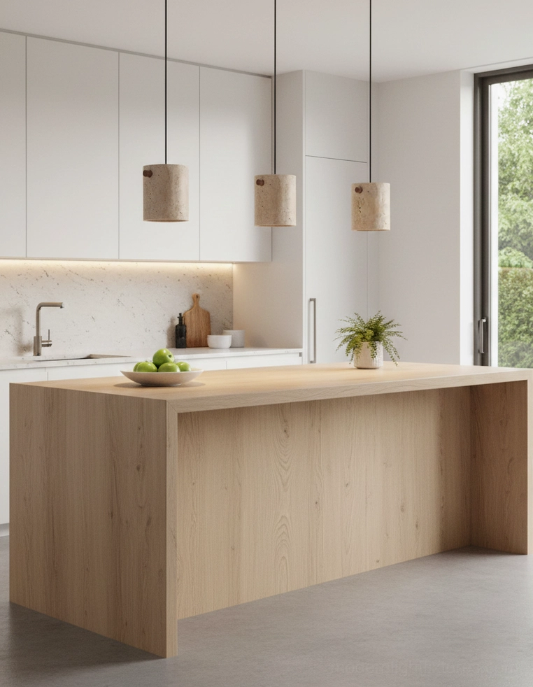 Modern travertine pendant lights installed in contemporary kitchen above island, minimalist interior design