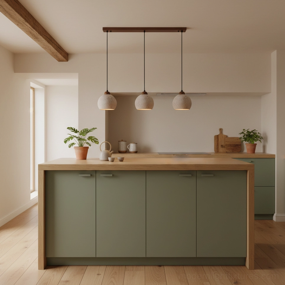 installed travertine pendant lights kitchen island dining room warm minimalist decor